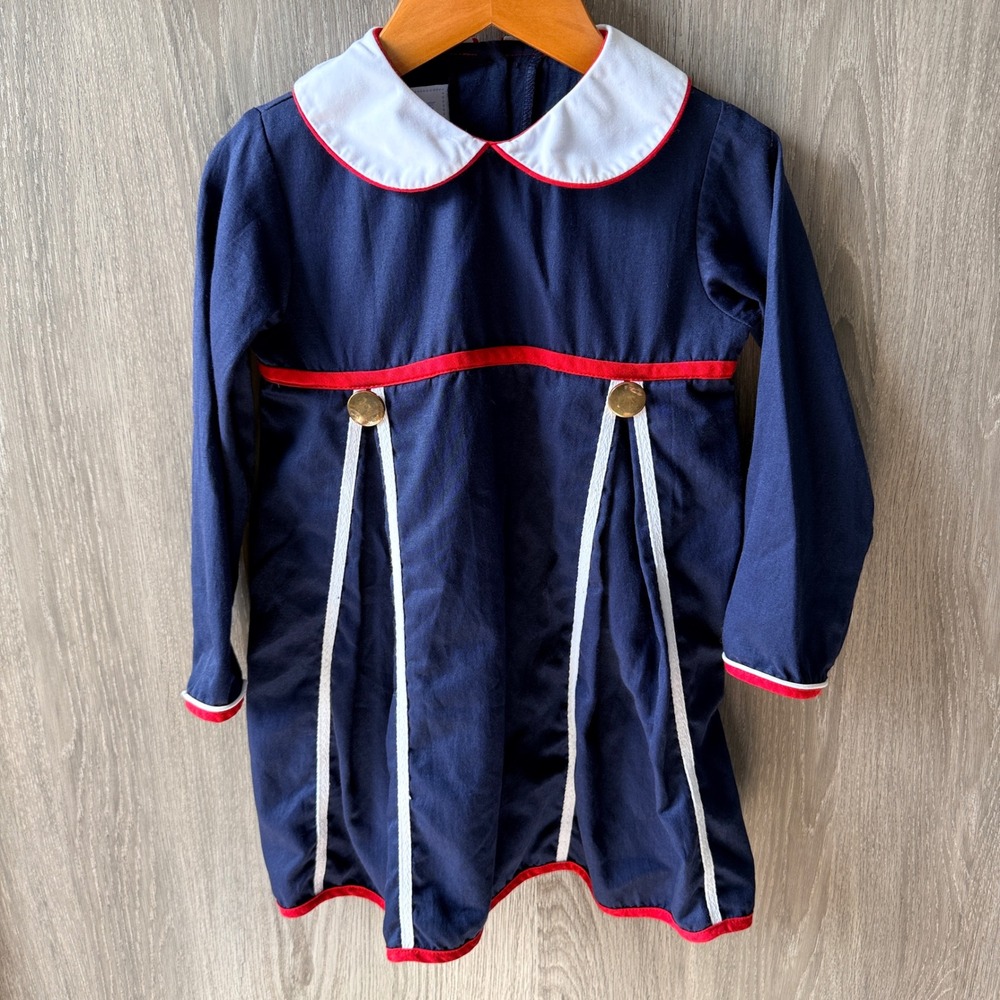 Little English Dress Girls 4T Navy Blue Nautical Preppy Peter Pan Collar Pleated